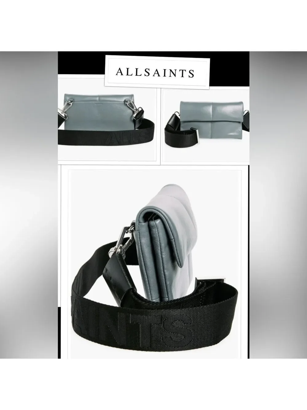 🔥NEW🔥 AllSaints Ezra Quilted Logo Guitar Strap Crossbody- Grey Leather NWT